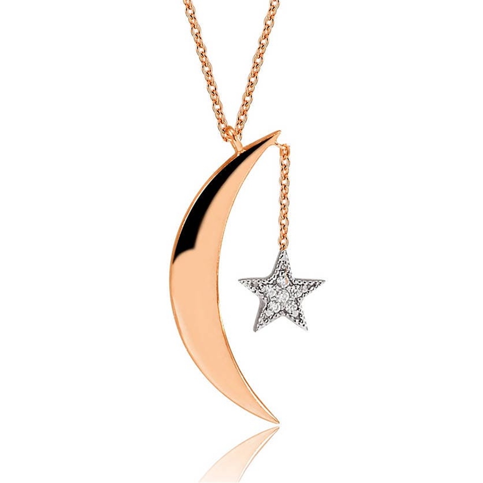 Solid Gold Moon and Star Diamond Necklace