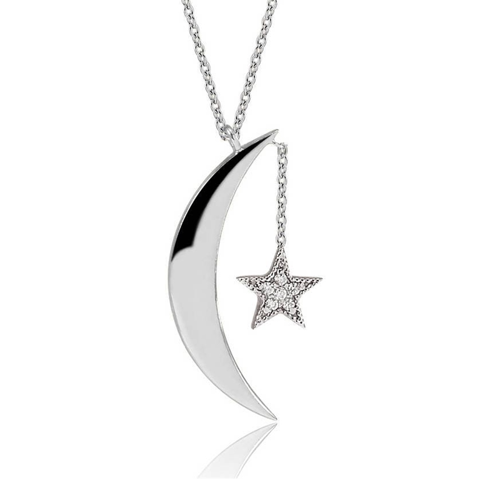 Solid Gold Moon and Star Diamond Necklace