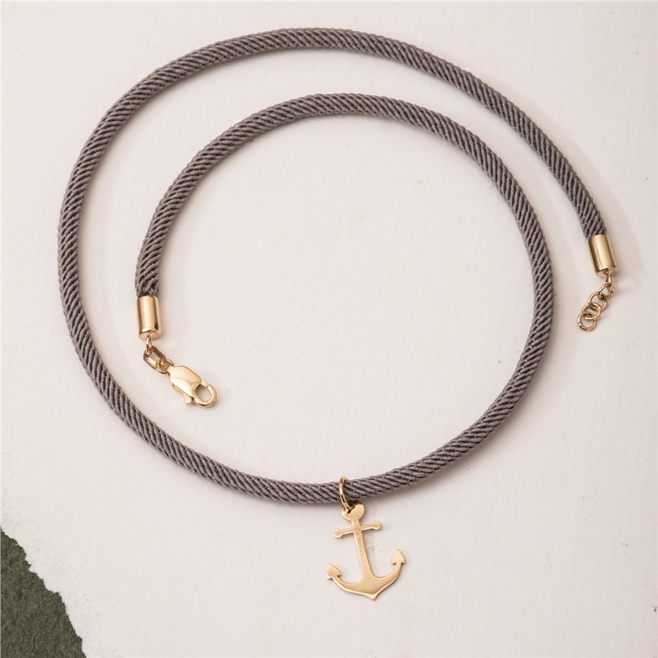 Solid Gold Anchor Charm Cord Bracelet