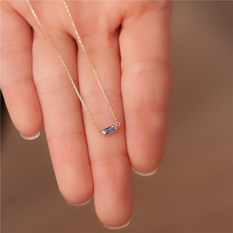 Solid Gold Solitaire Baguette Sapphire Necklace