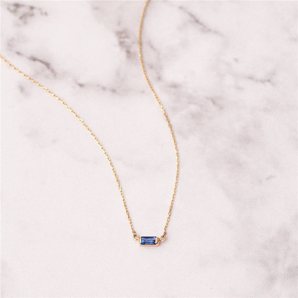 Solid Gold Solitaire Baguette Sapphire Necklace