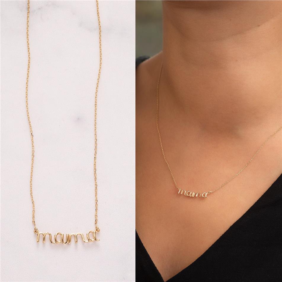 Solid Gold Script Font Mama Necklace