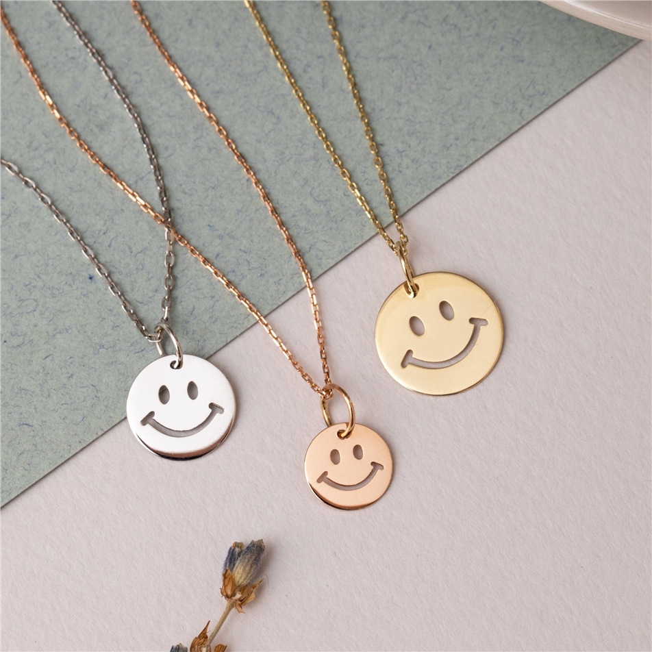 Solid Gold Smiley Face Cutout Disk Necklace