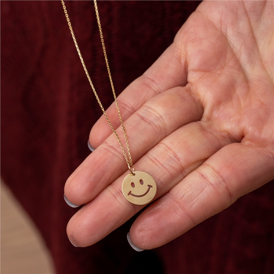 Solid Gold Smiley Face Cutout Disk Necklace