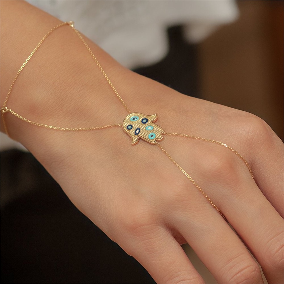 Solid Gold Enamel Hamsa Eye Ring Bracelet