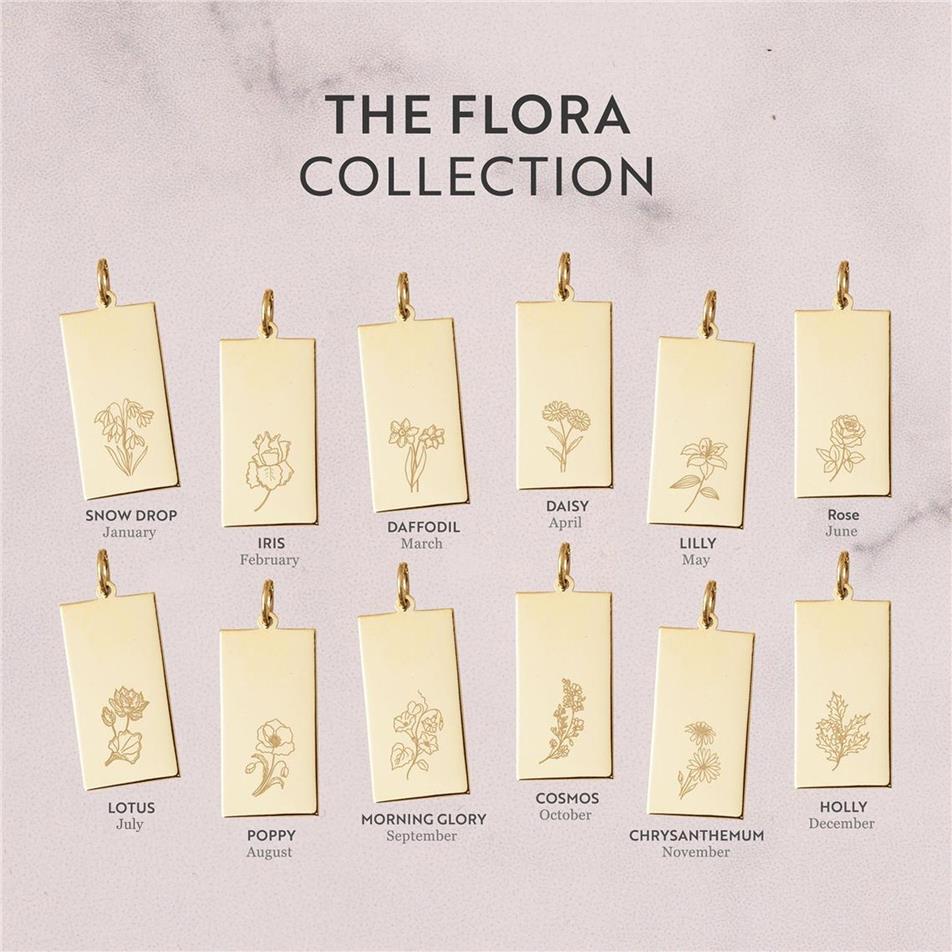 Solid Gold Birth Flower Rectangle Tag Necklace