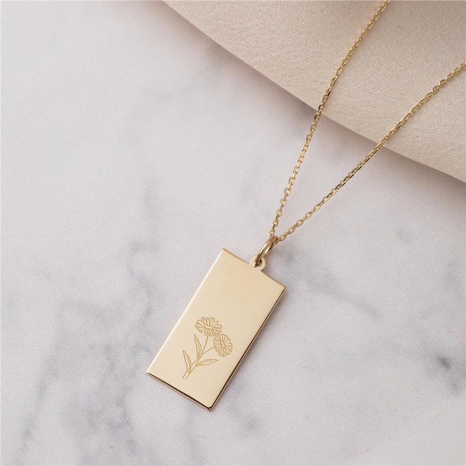 Solid Gold Birth Flower Rectangle Tag Necklace