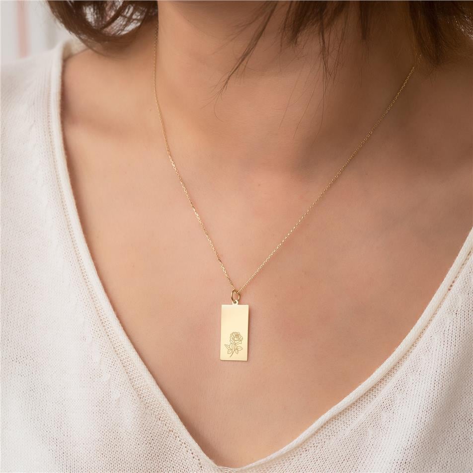 Solid Gold Birth Flower Rectangle Tag Necklace
