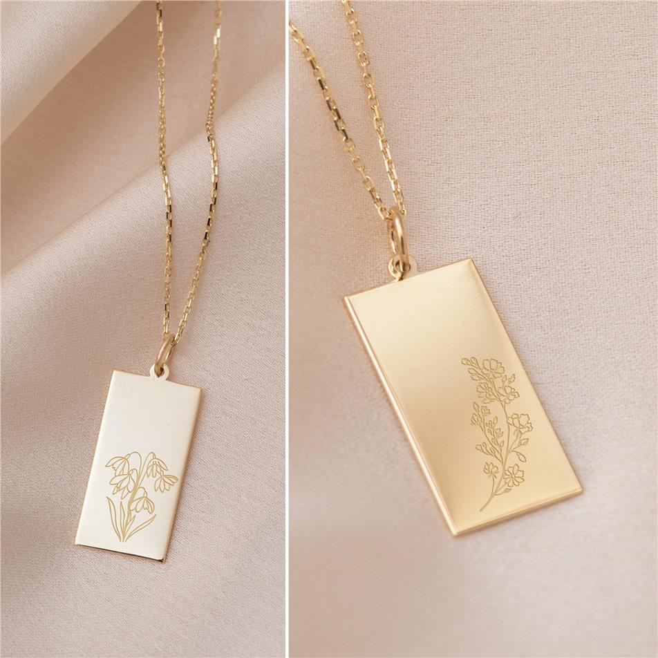Solid Gold Birth Flower Rectangle Tag Necklace