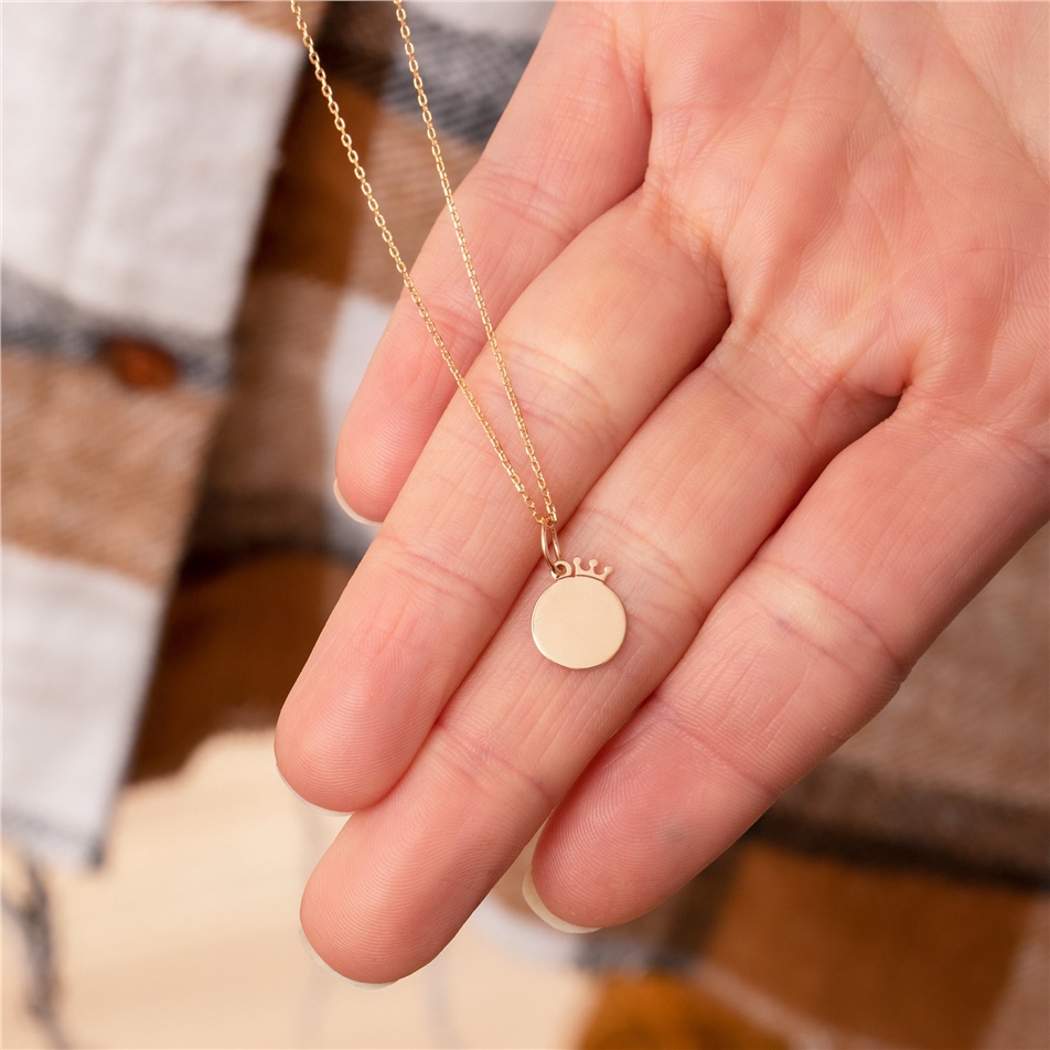 Solid Gold Crown Disc Necklace