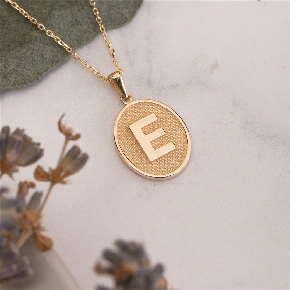 Solid Gold Embossed Initial Necklace