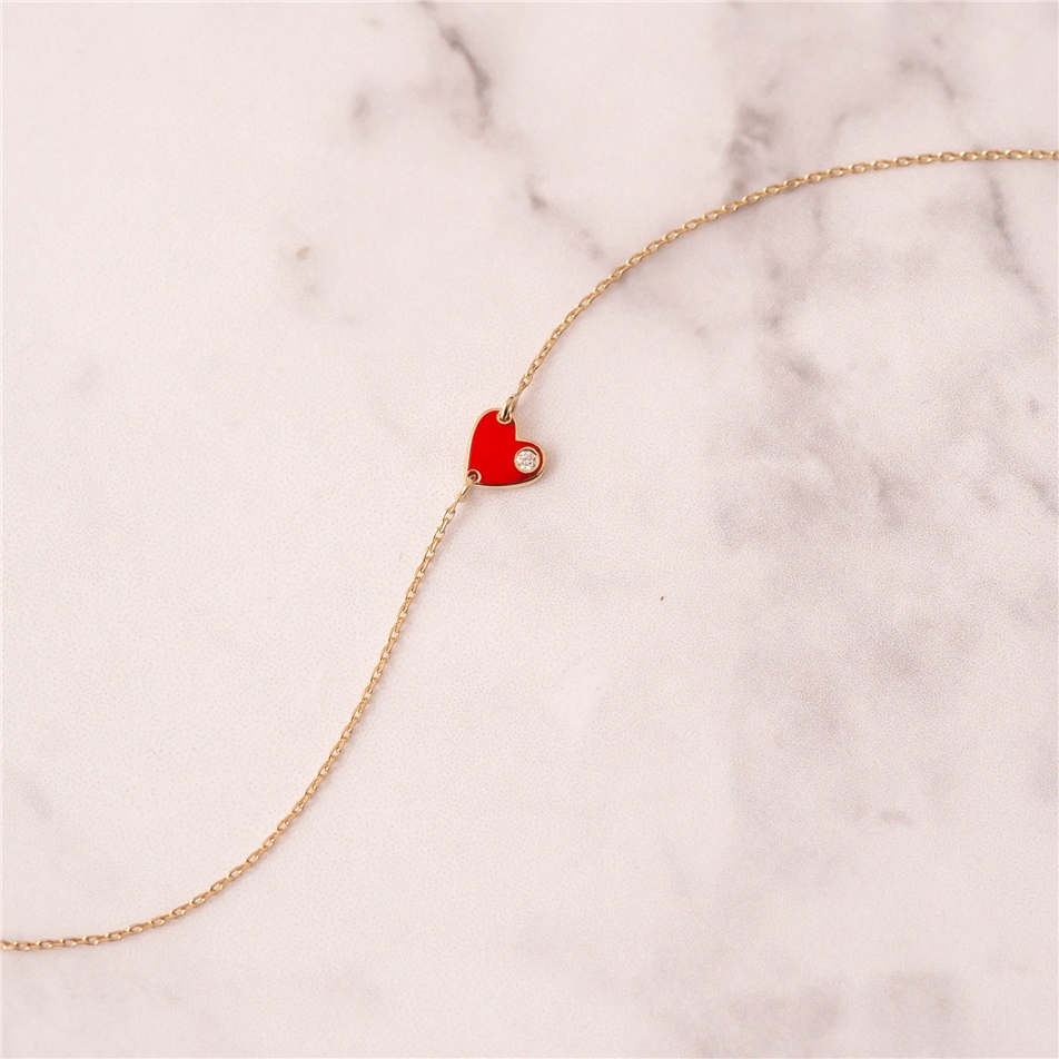 Solid Gold Diamond Red Enamel Heart Bracelet