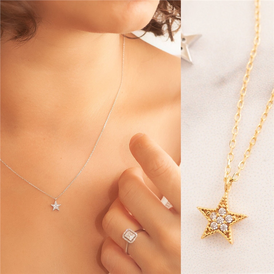 Solid Gold Diamond Star Necklace
