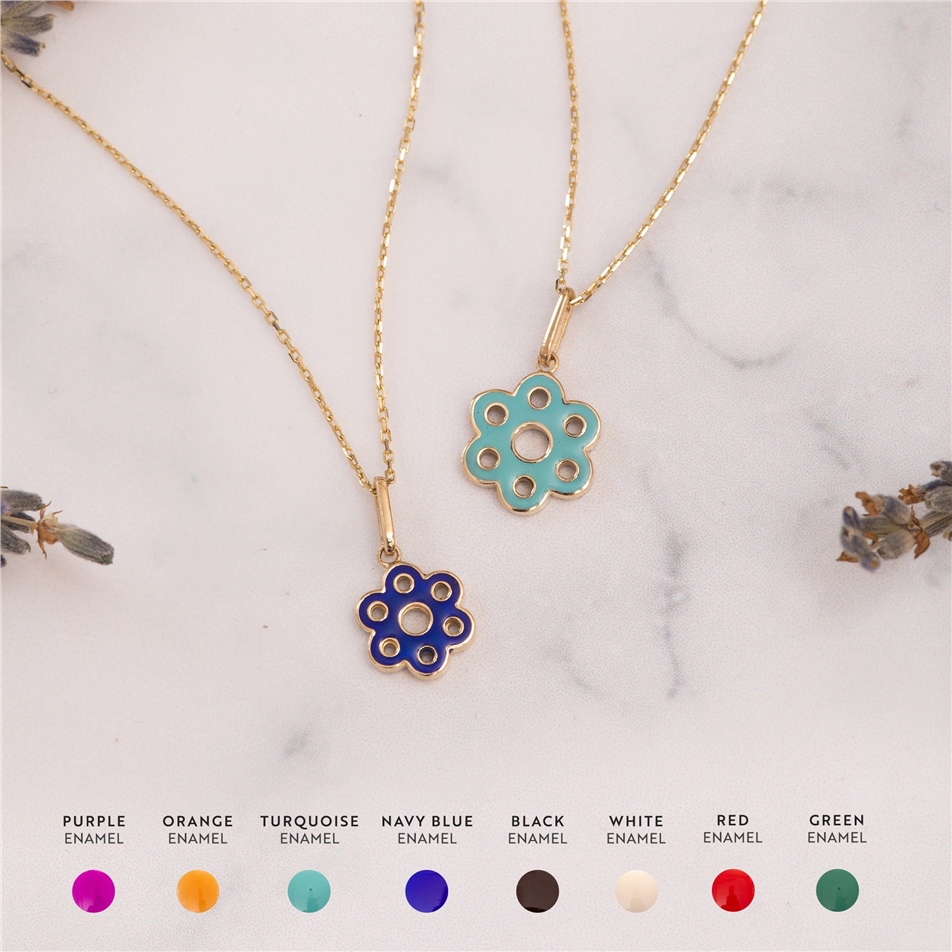 Solid Gold Enamel Flower Pendant