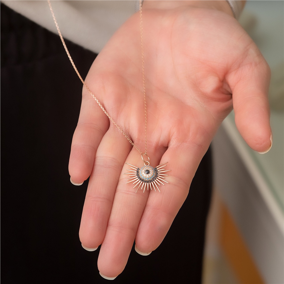 Solid Gold Evil Eye Sun Necklace
