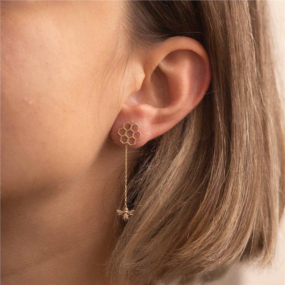 Solid Gold Honeycomb and Bee Earrings