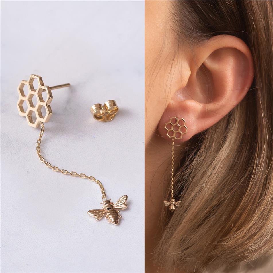 Solid Gold Honeycomb and Bee Earrings