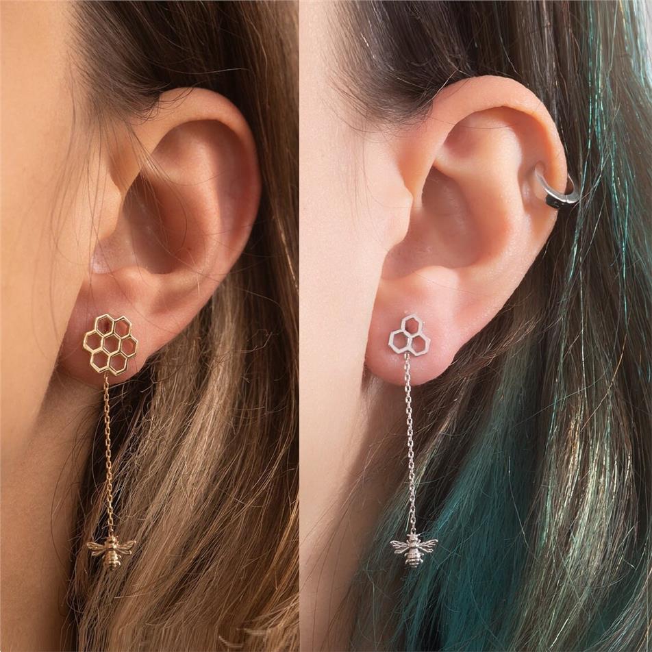 Solid Gold Honeycomb and Bee Earrings