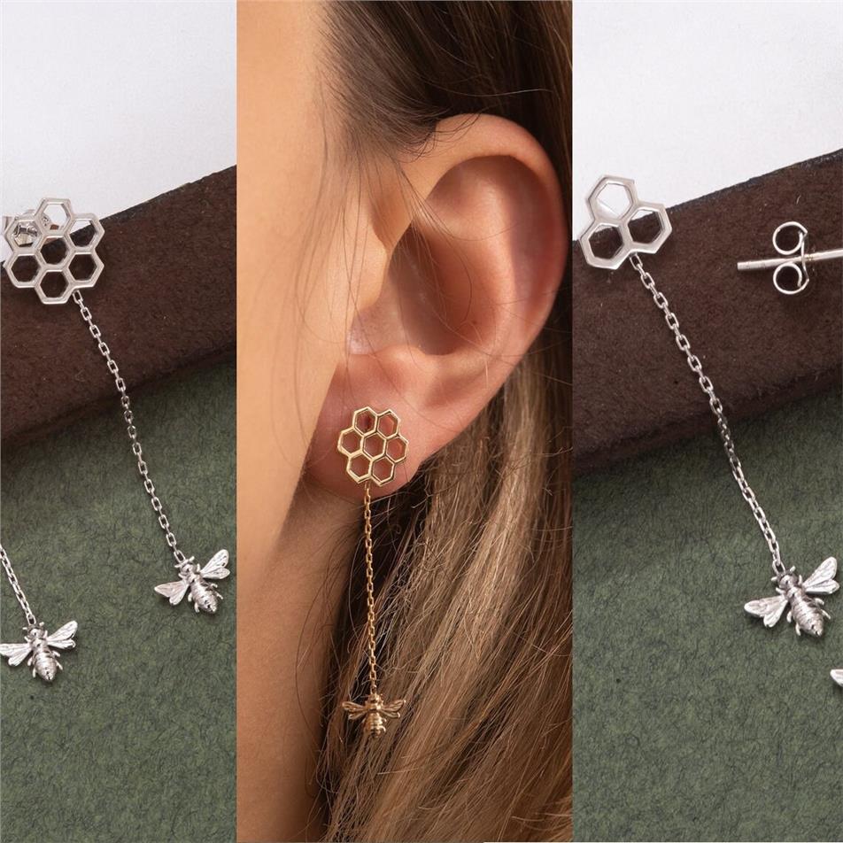 Solid Gold Honeycomb and Bee Earrings