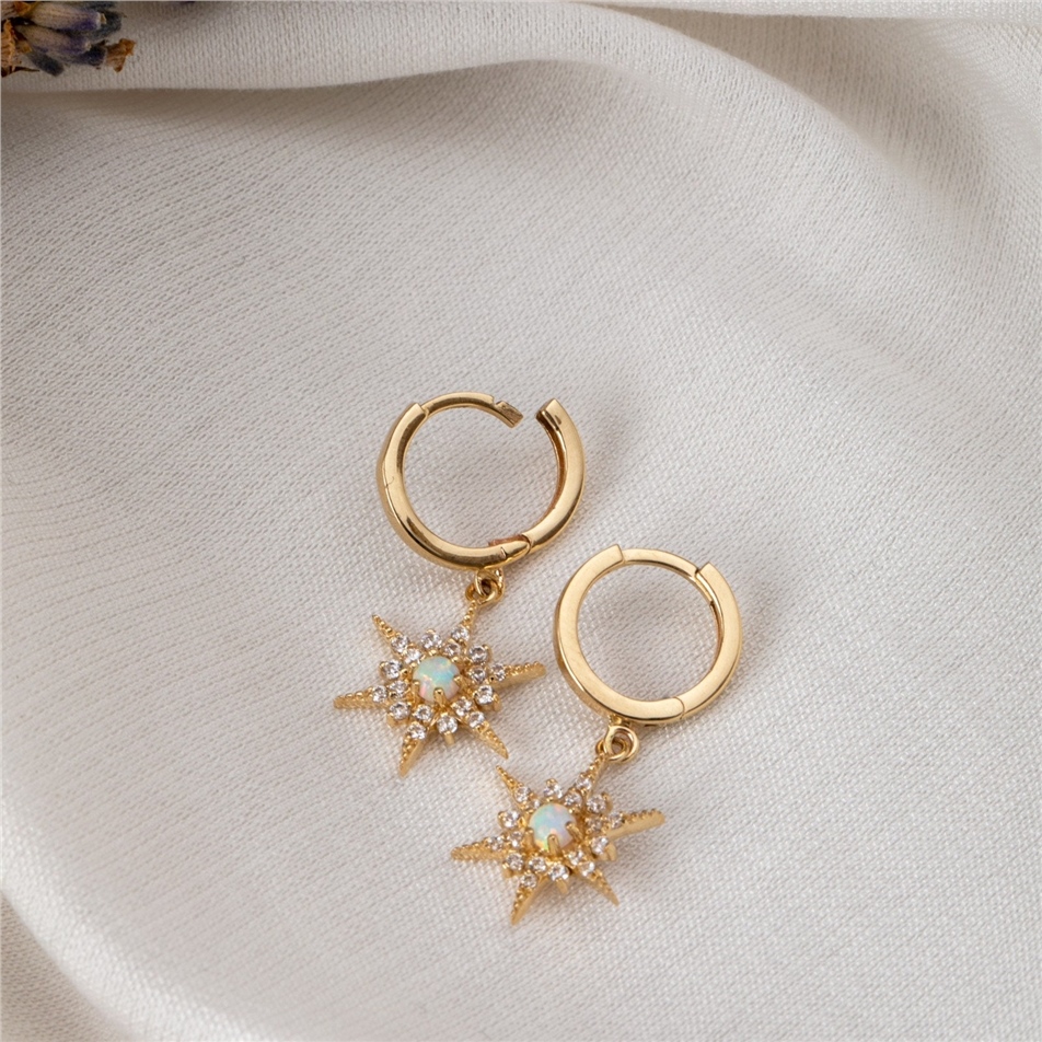 Solid Gold Hoop Big Opal North Star Earrings
