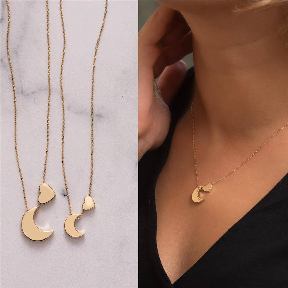 Solid Gold Moon & Heart Charm Necklace