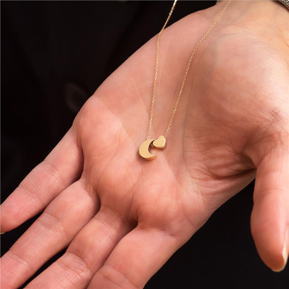 Solid Gold Moon & Heart Charm Necklace