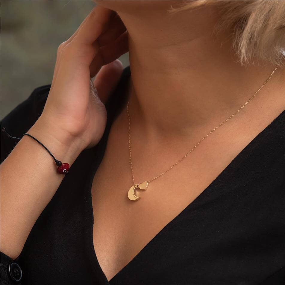 Solid Gold Moon & Heart Charm Necklace