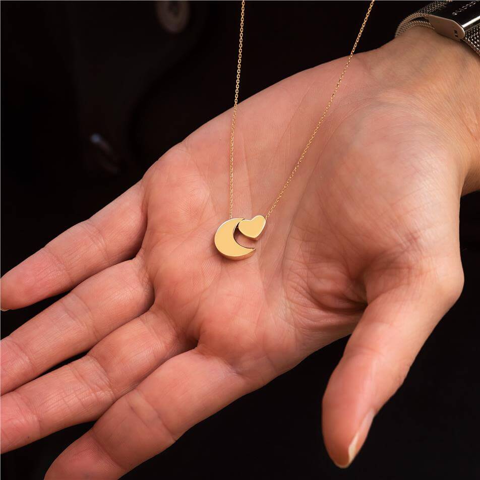 Solid Gold Moon & Heart Charm Necklace