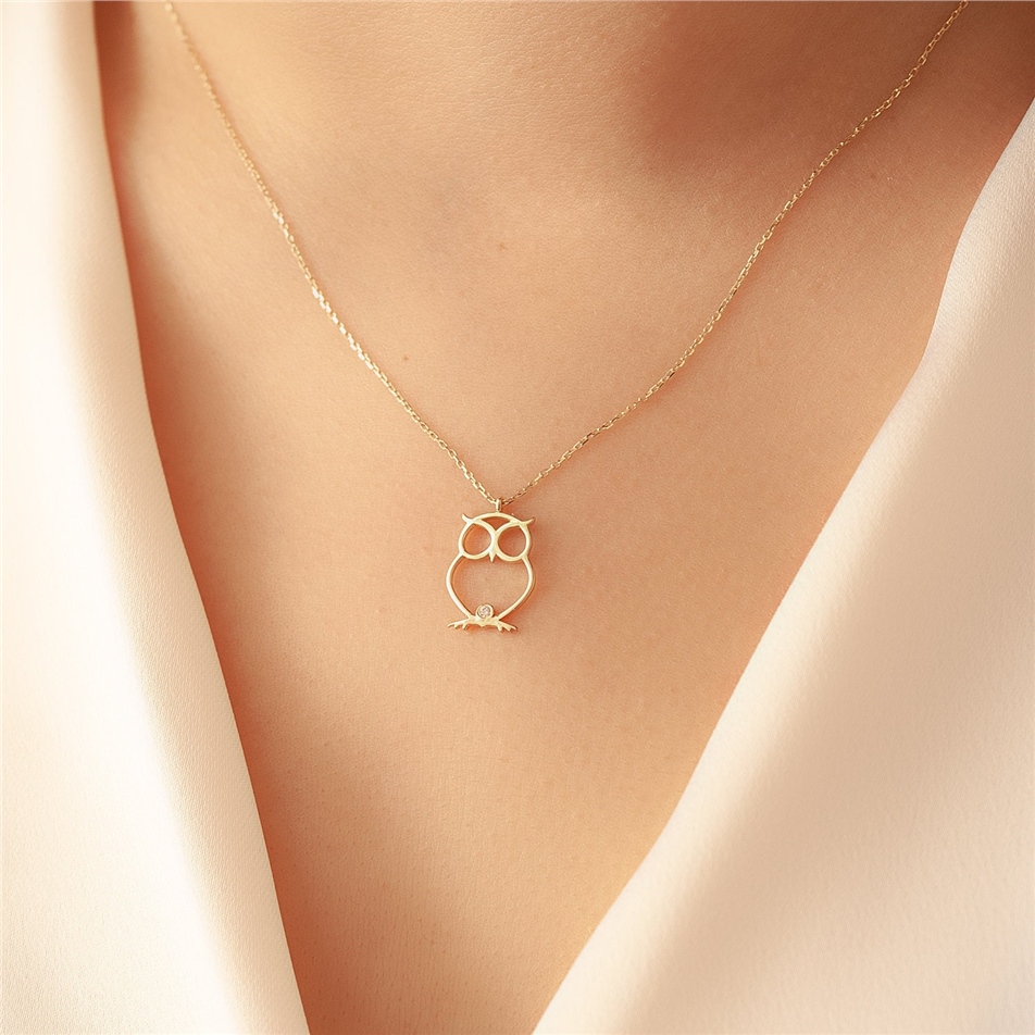 Solid Gold Diamond Owl Necklace