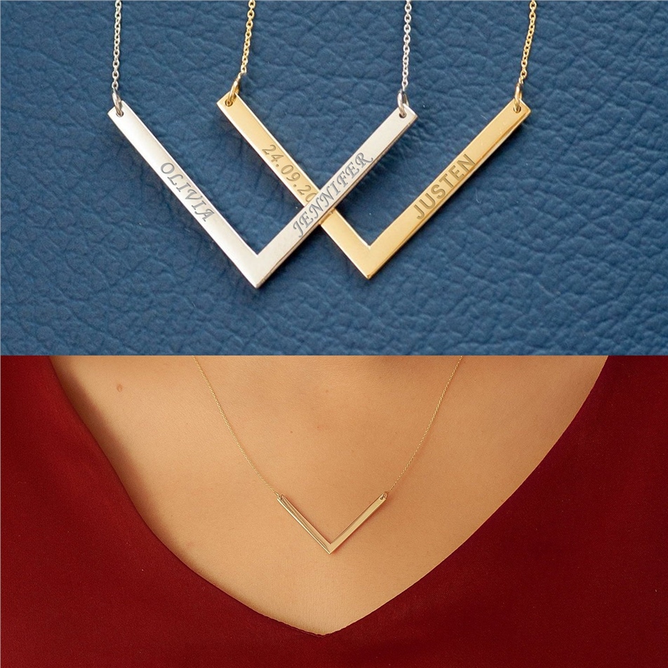 Solid Gold Personalized V Bar Necklace