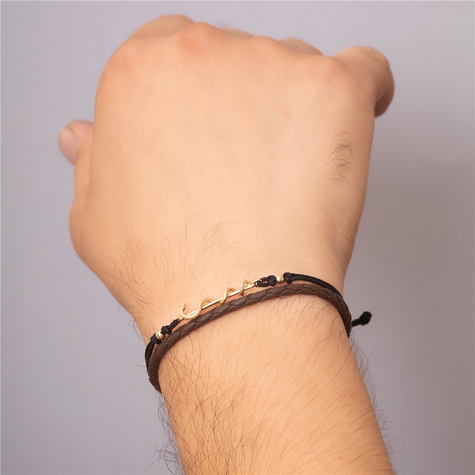 Solid Gold Rod of Asclepius Rope Easy Adjustable Bracelet