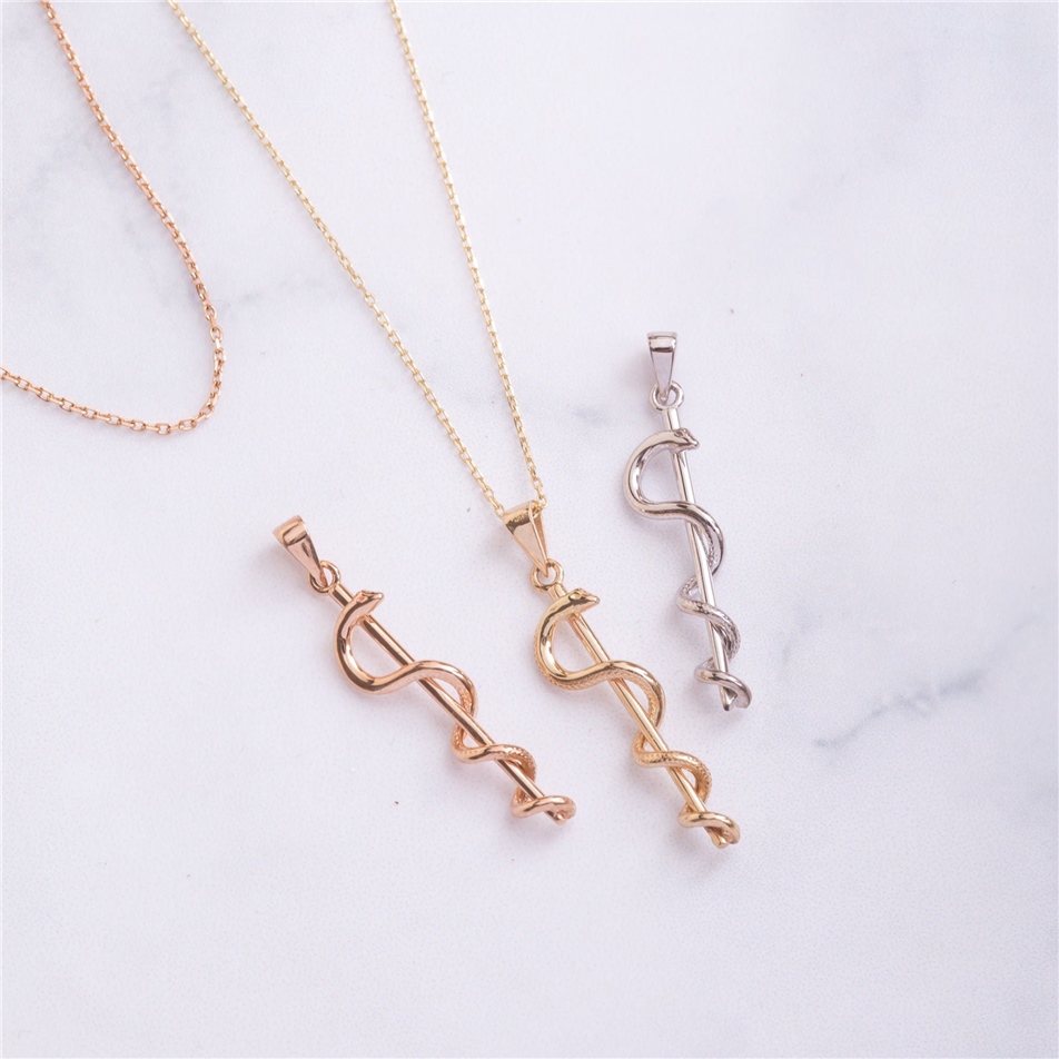Solid Gold Rod of Asclepius Necklace