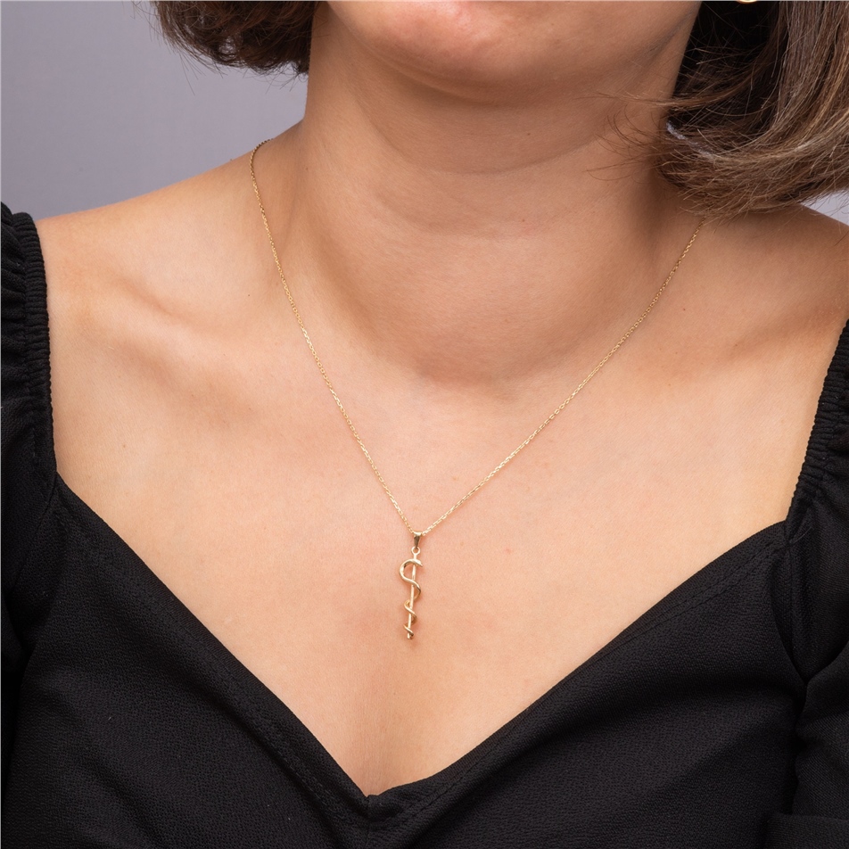 Solid Gold Rod of Asclepius Necklace