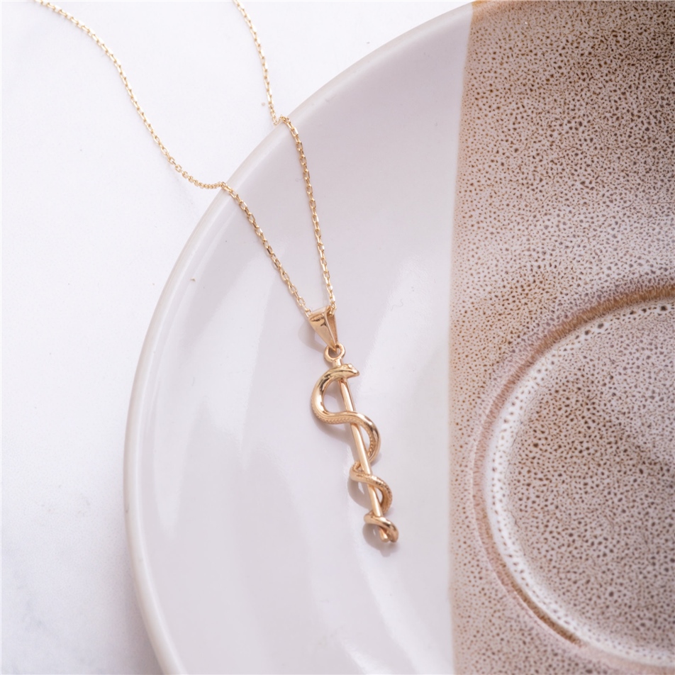 Solid Gold Rod of Asclepius Necklace