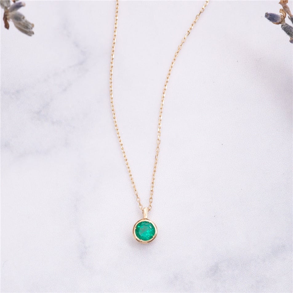 Solid Gold Round Emerald Necklace