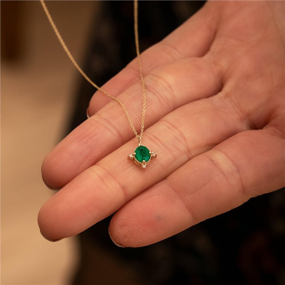 Solid Gold Round Cut Emerald Necklace