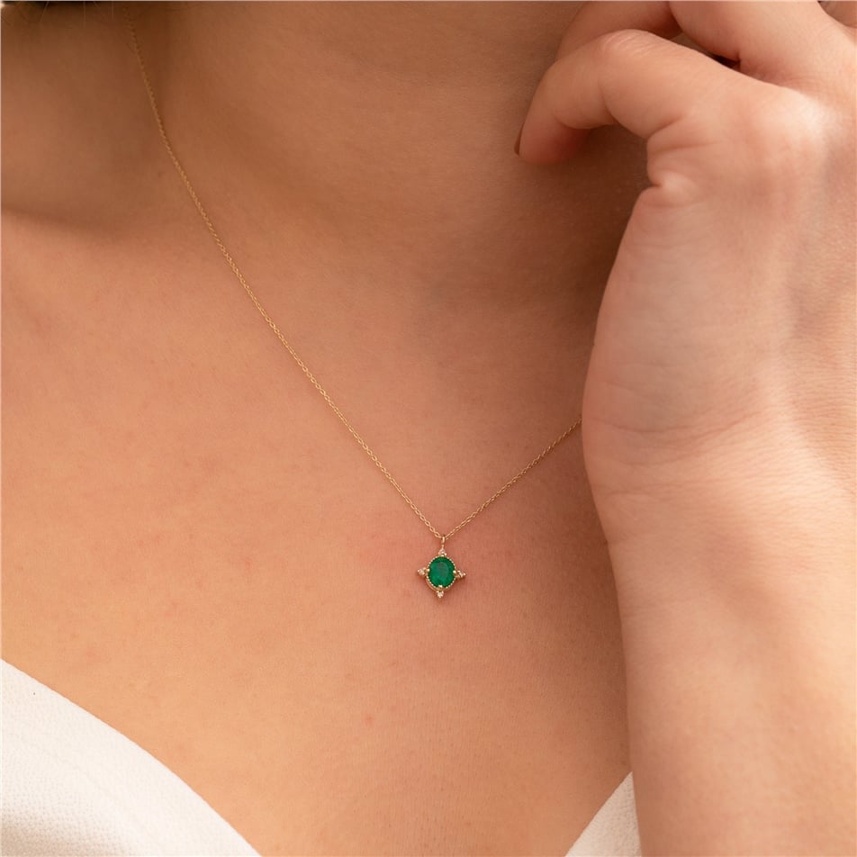 Solid Gold Round Cut Emerald Necklace