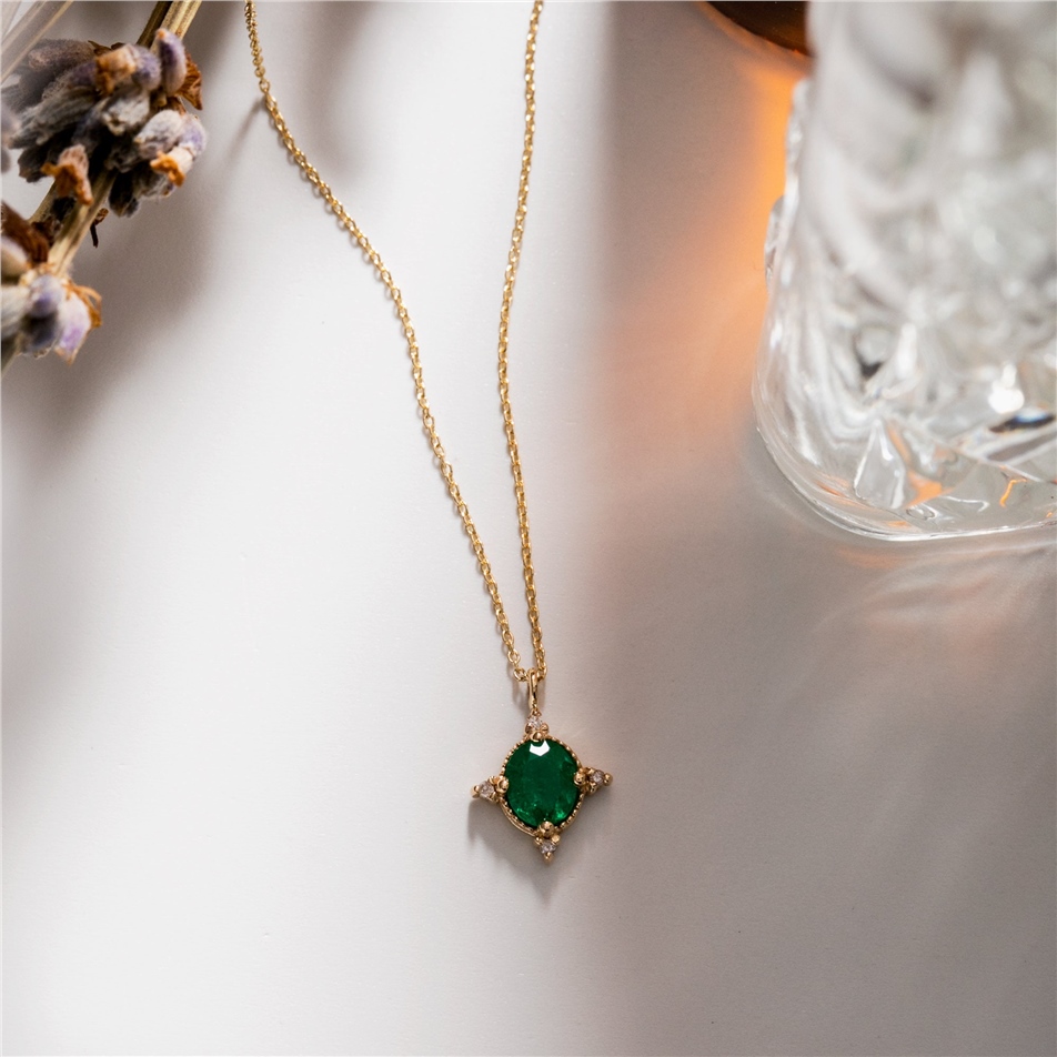 Solid Gold Round Cut Emerald Necklace