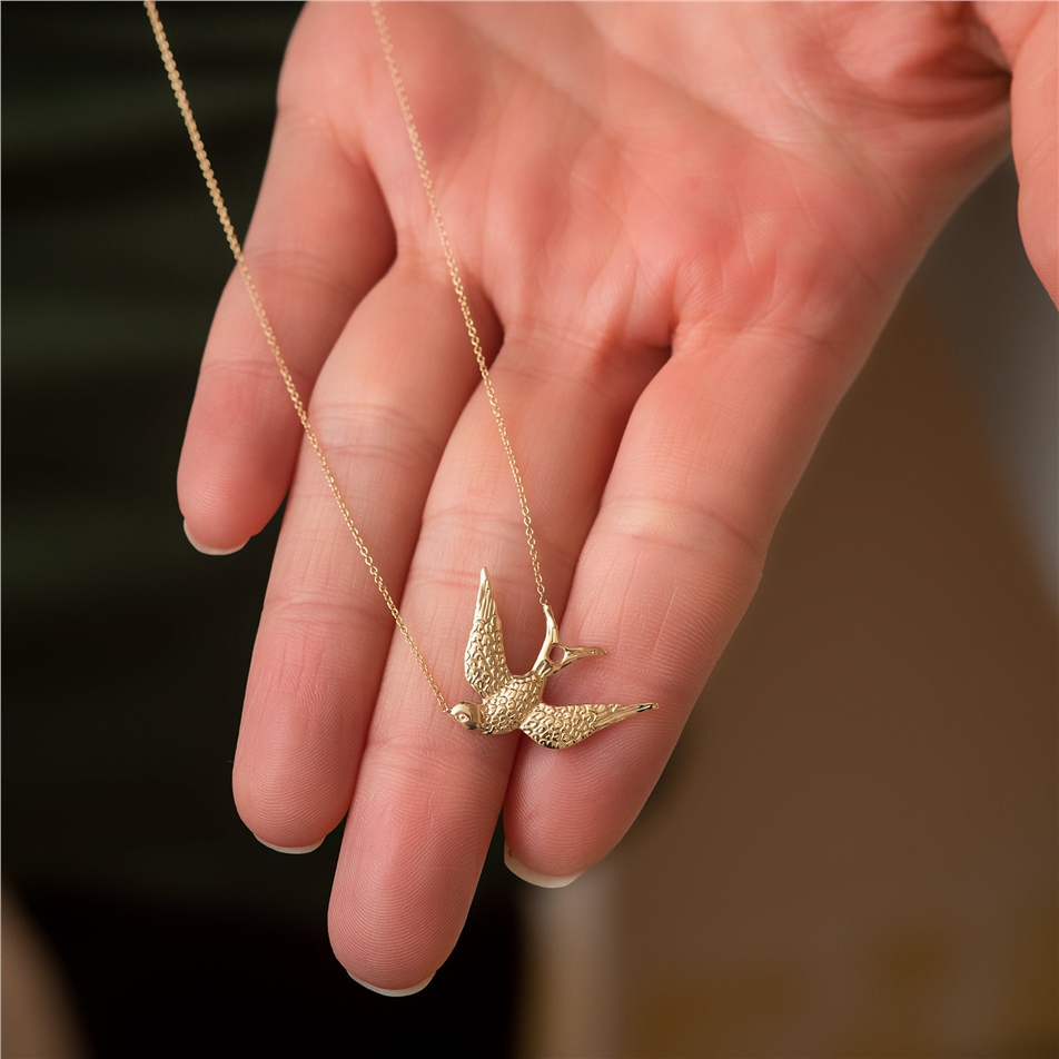 Solid Gold Sparrow Bird Necklace