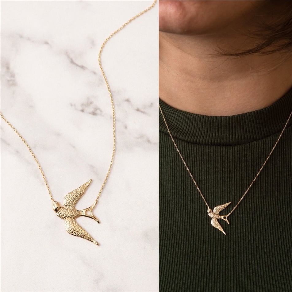 Solid Gold Sparrow Bird Necklace