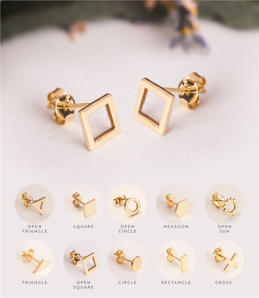 Solid Gold Open Square Stud Earrings