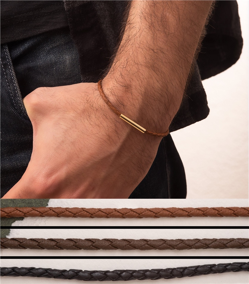 Solid Gold Tube Braided Leather Bracelet