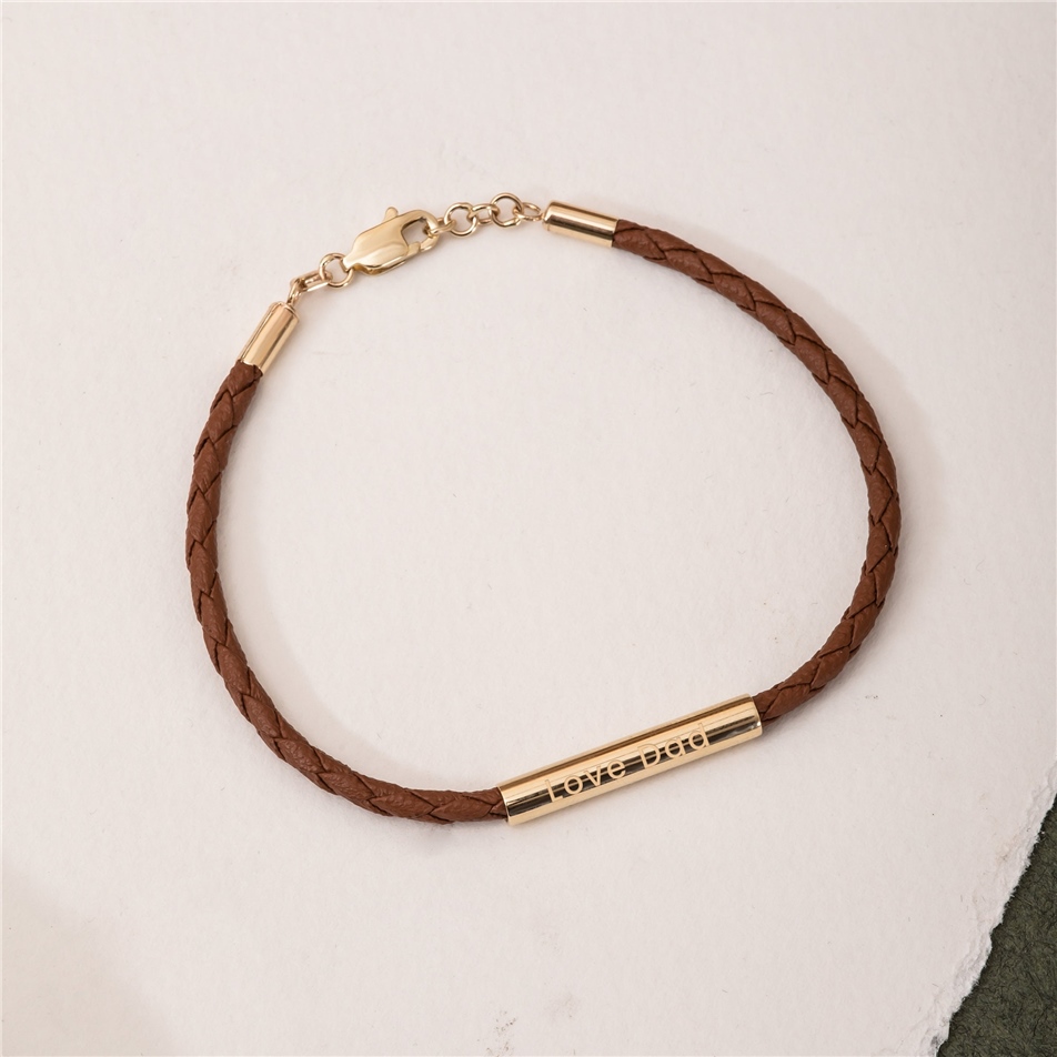 Solid Gold Tube Braided Leather Bracelet