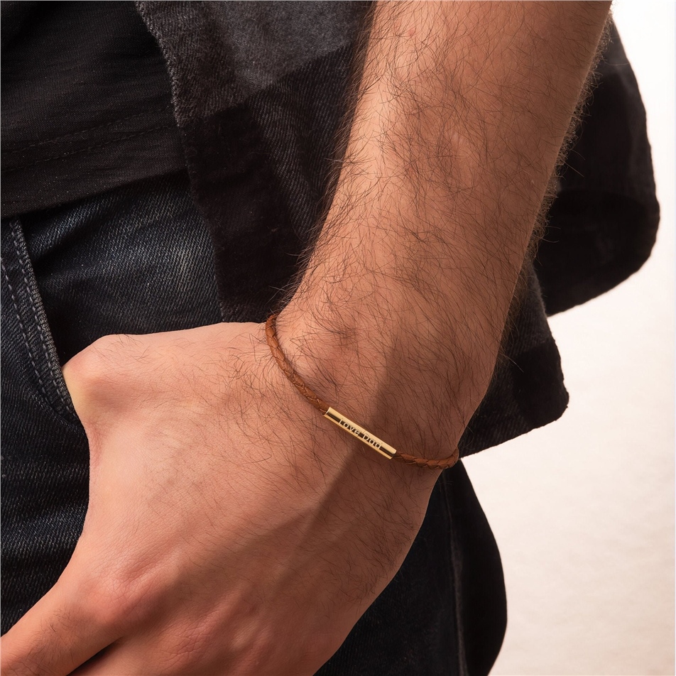 Solid Gold Tube Braided Leather Bracelet