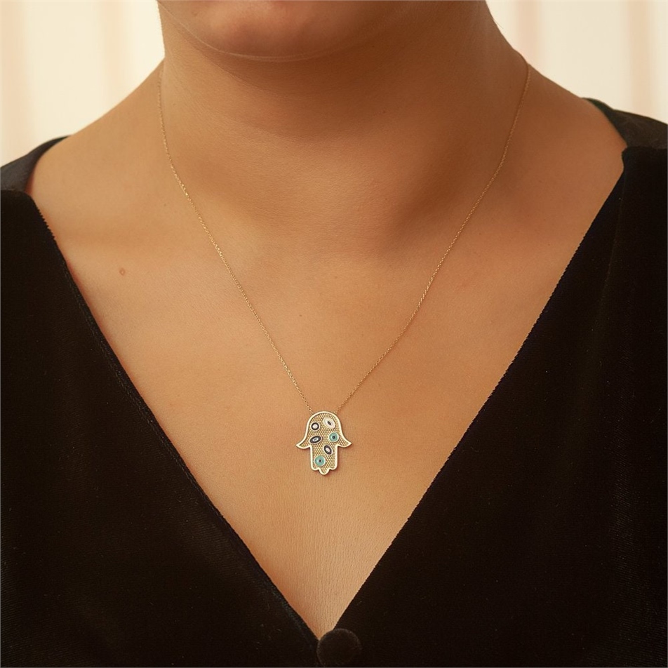 Solid Gold 2 Sided Hamsa Necklace