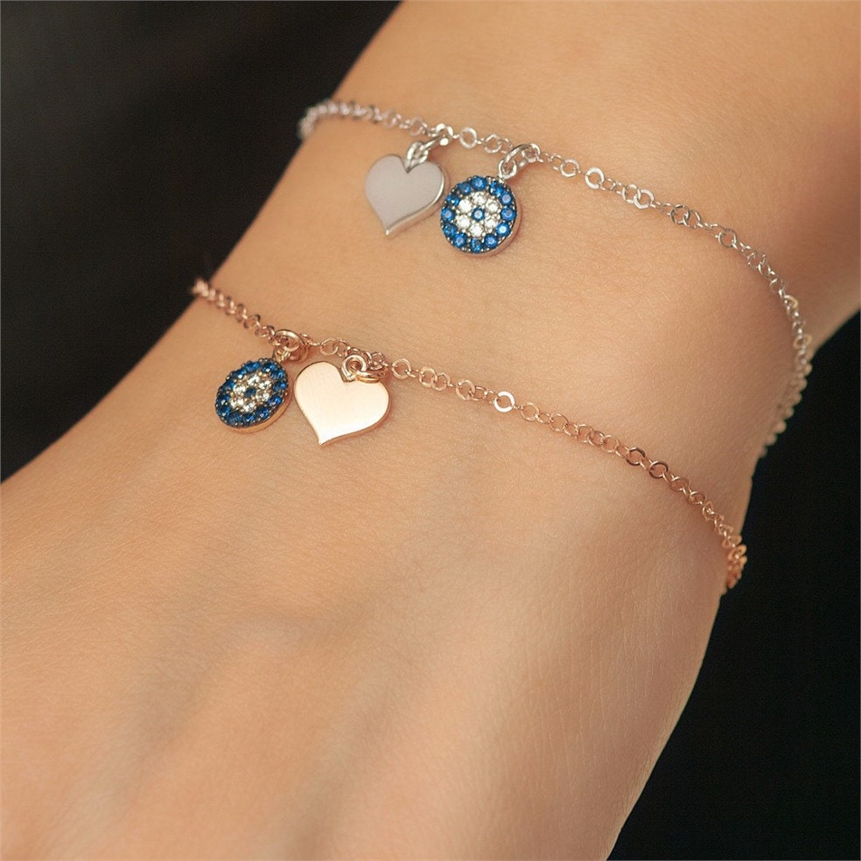 Solid Gold Evil Eye and Heart Bracelet