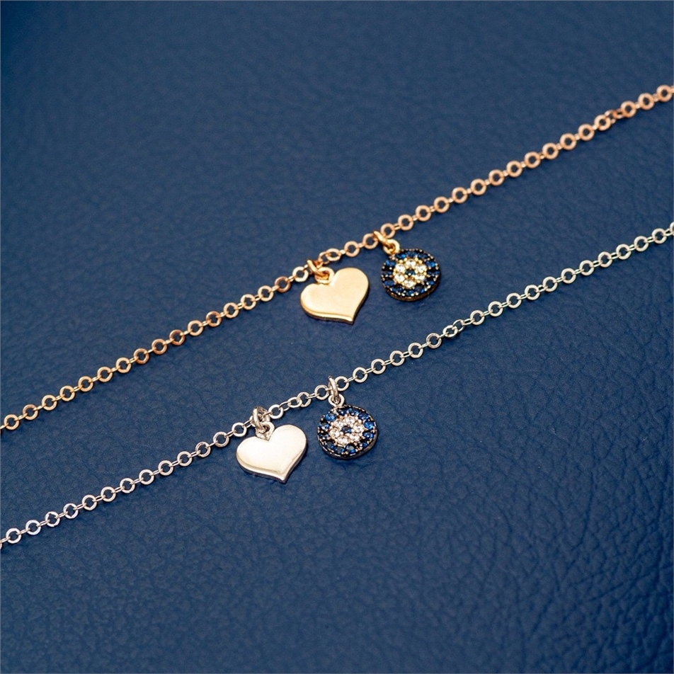 Solid Gold Evil Eye and Heart Bracelet