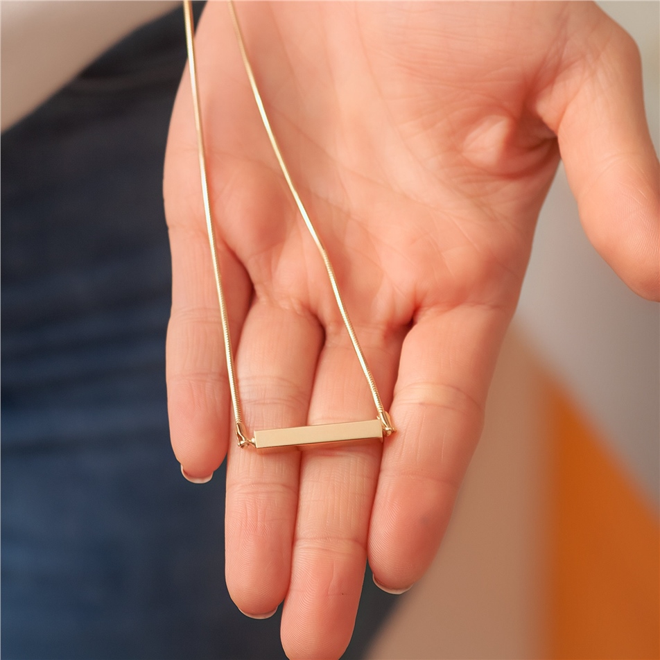 Solid Gold Horizontal Urn 3 cm Bar Necklace