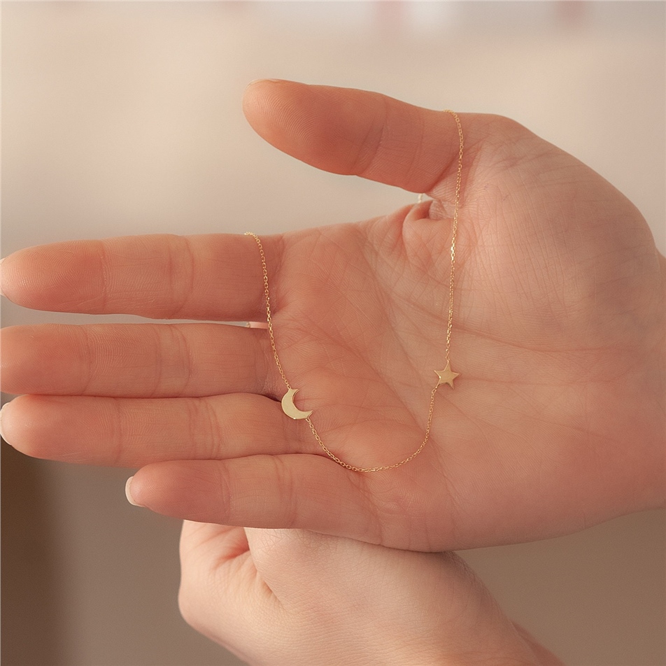 Solid Gold Moon and Star Necklace