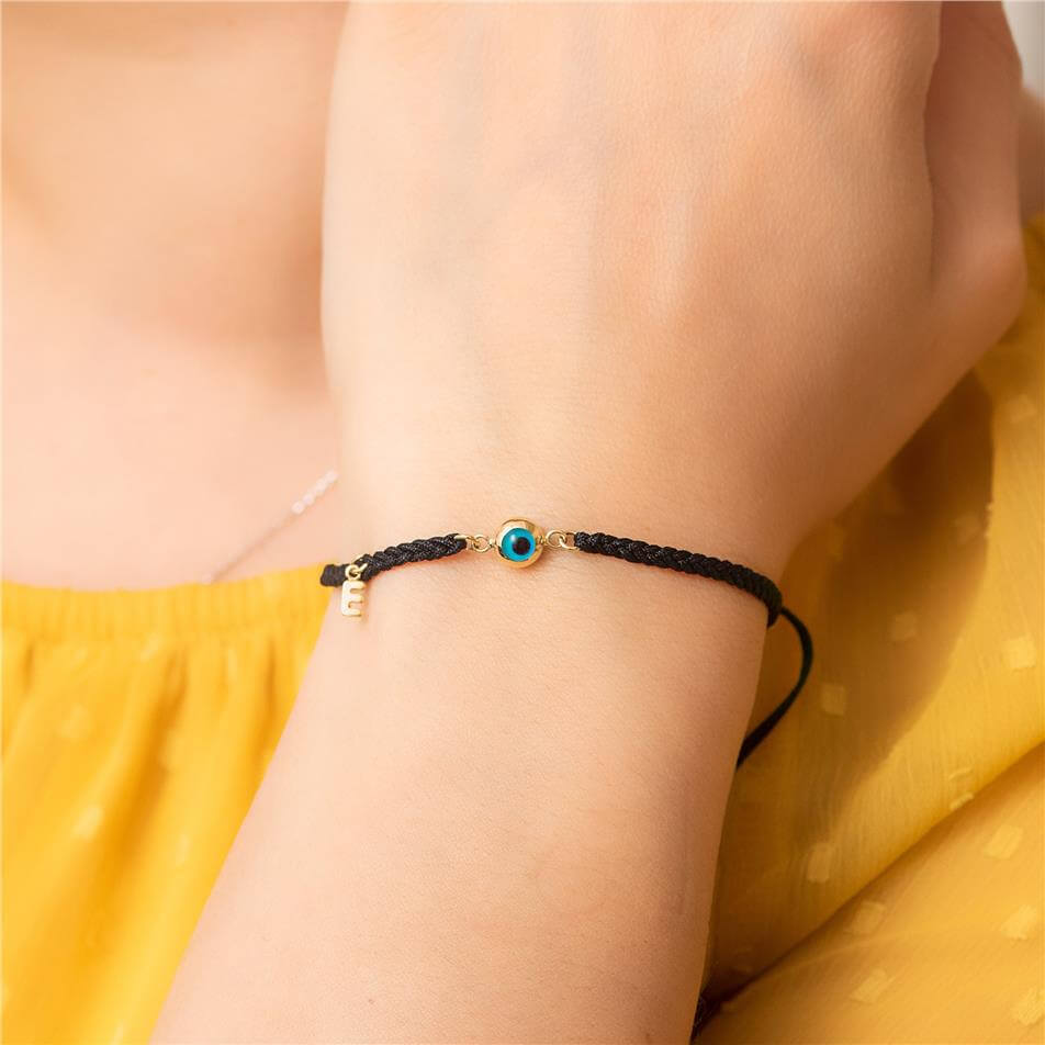 Solid Gold Initial Evil Eye Rope Bracelet